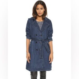 Women's Blank NYC Navy Blue Denim Belted Trench Coat Double Breasted Jacket XS